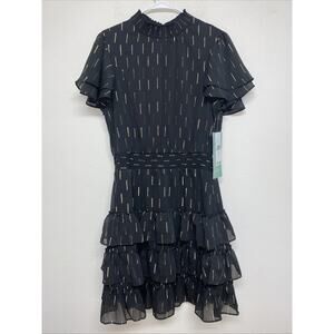 NWT Sqm And Jess Tiered Ruffle Short Sleeve A-Line Mini Dress size L Black Metal